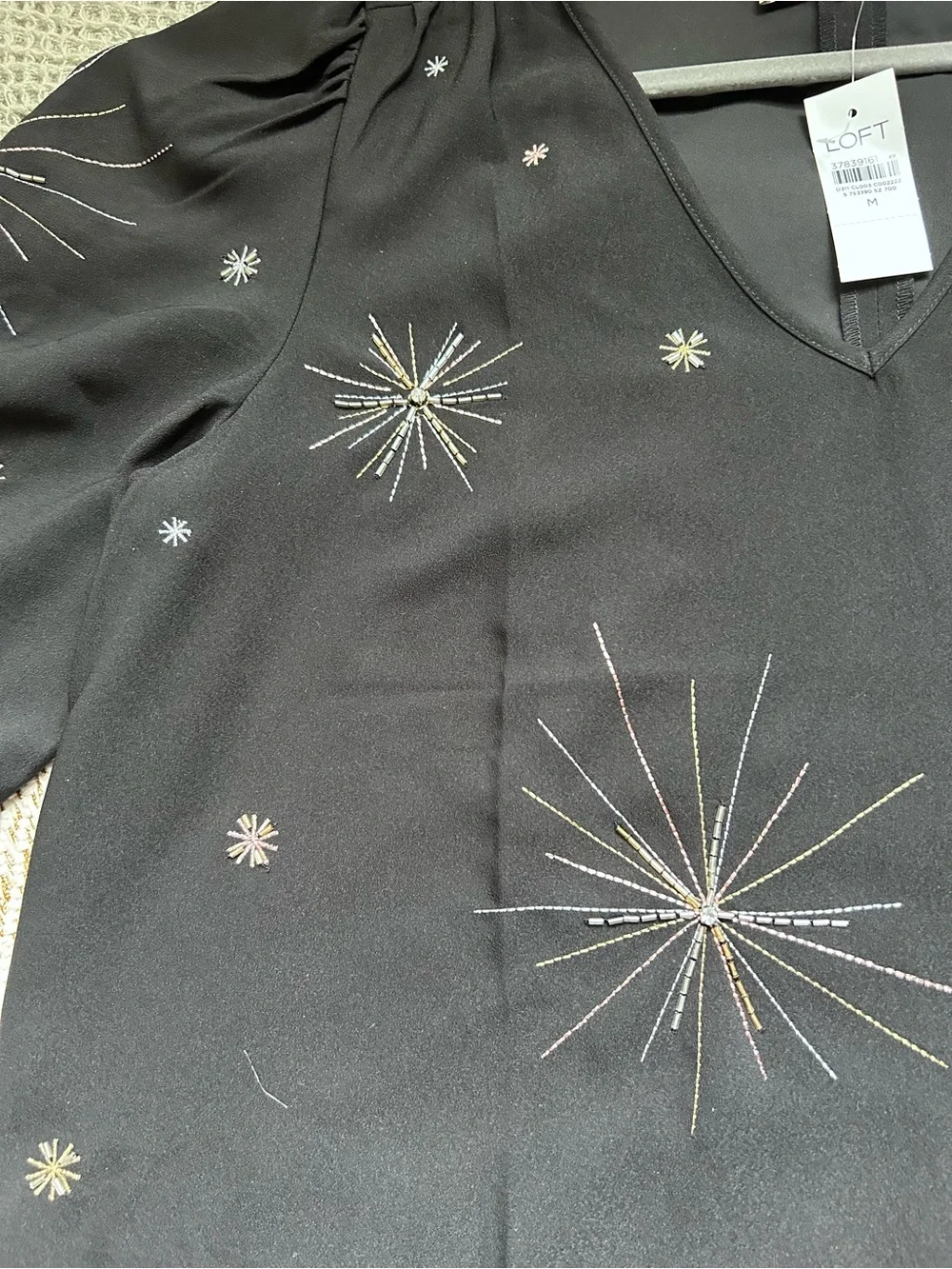 LOFT Black V-Neck Starburst Embroidered Puff-Sleeve Blouse